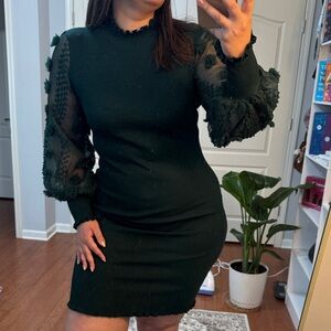 Almost Famous Dark Green Dress with Sheer Sleeves
